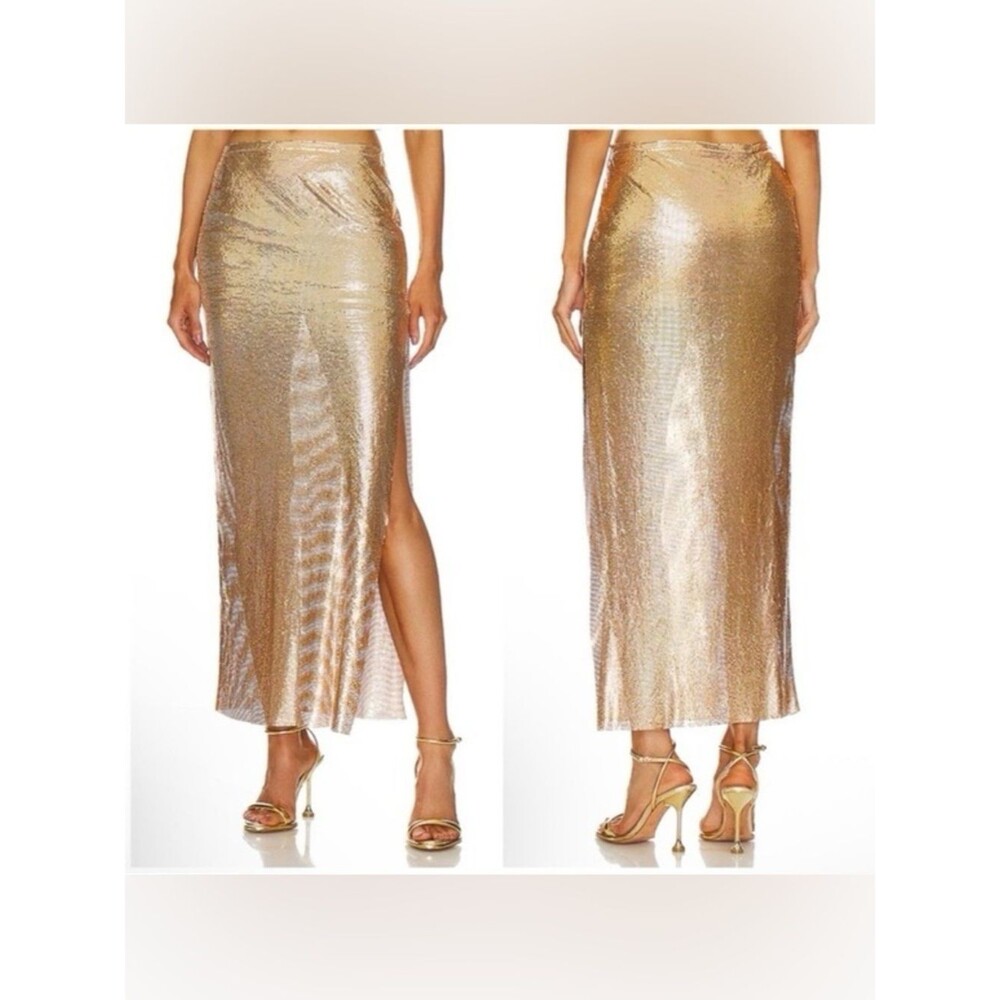 🆕 LOVERS and FRIENDS Sasha Gold Metallic Maxi high slit Skirt, party luxury, XS - Picture 3 of 13